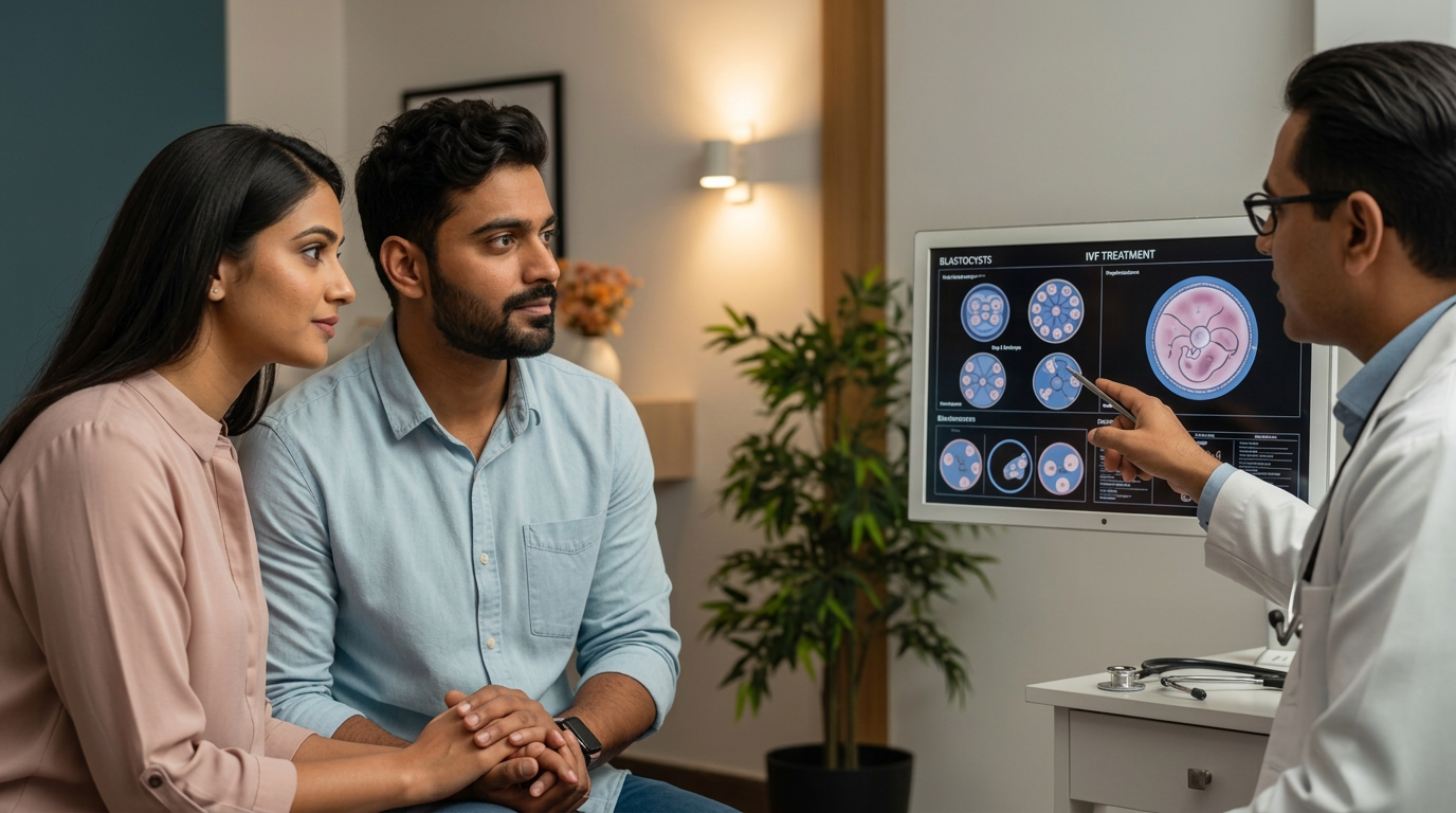 Doctor explaining IVF treatment on a screen to a couple in a clinic